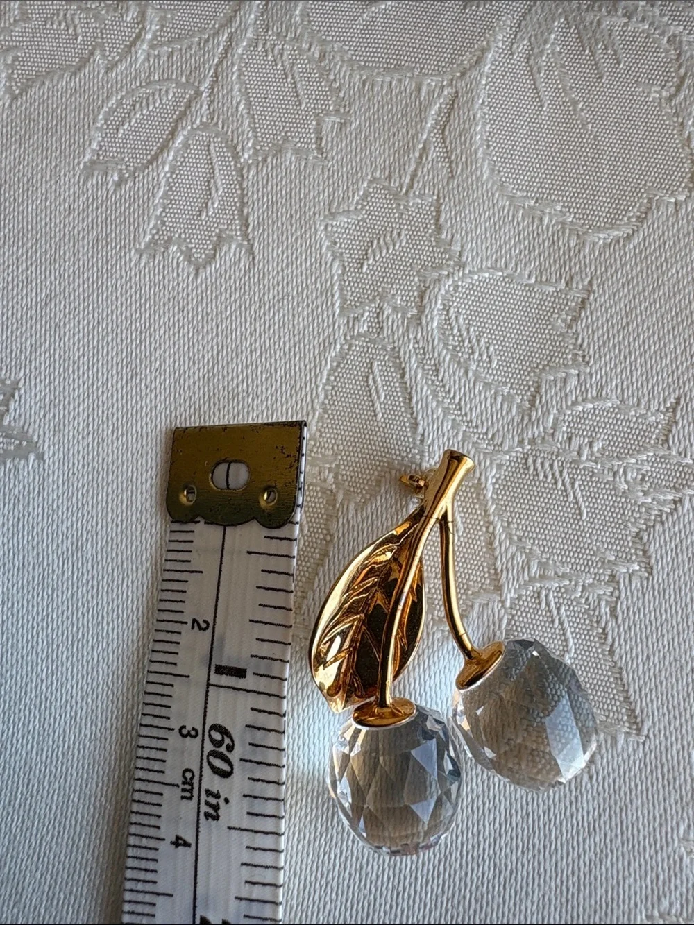Gold Leaf Cherry Swarovski Brooch - Clear Crystal Accent